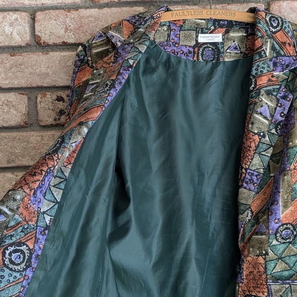 ๐ Robert Stock Limited Abstract Geometric Earthtone Blazer 100% Silk - Picture 6 of 9